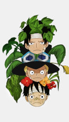 Rule 34 | 3boys, bandages, black hair, blonde hair, brothers, family, flower, freckles, goggles, goggles on headwear, hat, highres, male focus, monkey d. luffy, multiple boys, one piece, plant, portgas d. ace, sabo (one piece), scar, siblings, top hat, trafargar low, aged down