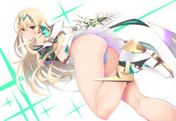 Rule 34 | 1girl, absurdres, ass, bare shoulders, blonde hair, blush, breasts, daive, dress, earrings, elbow gloves, gloves, highres, jewelry, large breasts, long hair, looking at viewer, mythra (xenoblade), short dress, solo, swept bangs, thighs, tiara, very long hair, white dress, white gloves, xenoblade chronicles (series), xenoblade chronicles 2, yellow eyes