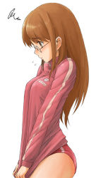 Rule 34 | 1girl, blush, breasts, brown eyes, brown hair, buruma, covered erect nipples, covering privates, covering crotch, cowboy shot, embarrassed, flying sweatdrops, from side, glasses, gym uniform, jacket, long hair, looking down, name tag, profile, raised eyebrows, rimless eyewear, shirt tug, simple background, single vertical stripe, solo, track jacket, turtleneck, white background, zipper