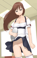 Rule 34 | 1girl, apron, breasts, brown eyes, brown hair, cleavage, cleft of venus, covered erect nipples, indoors, large breasts, long hair, looking at viewer, maid, makochin, nipples, no bra, no panties, solo, thighhighs, uncensored, upskirt, waist apron, waitress, wind, wind lift