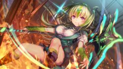 Rule 34 | 1girl, boots, breasts, fire, fish hair ornament, gloves, green gloves, green hair, green socks, green vest, grin, hair ornament, heaven burns red, highres, holding, holding scythe, large breasts, miniskirt, non-web source, official art, ooshima isuzu, red eyes, scythe, side ahoge, skirt, smile, socks, two side up, vest