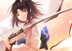 Rule 34 | 1girl, black eyes, black hair, closed mouth, from side, hair intakes, holding, holding sword, holding weapon, japanese clothes, kara no kyoukai, katana, kimono, long sleeves, looking at viewer, looking to the side, obi, over shoulder, petals, ryougi shiki, sakuyosi, sash, smile, solo, sword, weapon, weapon over shoulder, wide sleeves