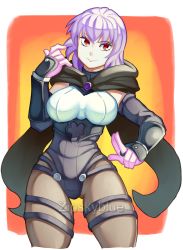 Rule 34 | 1girl, absurdres, ayane (doa), breasts, dead or alive, gloves, highres, hood, jewelry, large breasts, leotard, purple hair, red eyes, short hair, zipskyblue