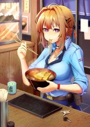 Rule 34 | belt pouch, black necktie, blue bow, blush, bow, bowl, breasts, brown hair, choker, chopsticks, cleavage, commission, eating, food, girls&#039; frontline, green tea, grizzly mkv (elite on patrol) (girls&#039; frontline), grizzly mkv (girls&#039; frontline), hair bow, hair intakes, hair ornament, hairclip, highres, holding, holding bowl, holding food, ichi illust001, izakaya, jewelry, key, charm (object), loose necktie, medium breasts, necklace, necktie, noodles, police, police uniform, policewoman, pouch, purple eyes, ramen, short hair, sidelocks, skeb commission, smile, sunglasses, tea, uniform