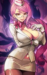 Rule 34 | 1girl, blush, breasts, brown pantyhose, cleavage, dynamitenatalia, earrings, fate/grand order, fate (series), garrison cap, glasses, gloves, hat, highres, jacket, jewelry, koyanskaya (fate), koyanskaya (foreigner) (first ascension) (fate), large breasts, long hair, long sleeves, looking at viewer, navel, open mouth, pantyhose, pencil skirt, pink hair, pink scarf, scarf, skirt, smile, solo, tamamo (fate), thighs, white gloves, white hat, white jacket, white skirt, yellow eyes