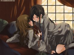 Rule 34 | 2girls, all fours, anakris, arm support, artist name, bed, bed sheet, black hair, blue neckwear, blush, breasts, brown eyes, brown hair, cardigan, cho chang, closed mouth, determined, eye contact, face-to-face, facing another, girl on top, grin, hand up, happy, harry potter (series), hermione granger, holding, holding wand, indoors, leaning back, leaning forward, long hair, long sleeves, looking at another, lying, matching hair/eyes, medium breasts, multiple girls, necktie, on back, on bed, parted lips, pillow, pleated skirt, red neckwear, school uniform, serious, shirt, skirt, smile, socks, teeth, text focus, wand, watermark, web address, window, witch, wizarding world, yuri