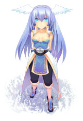 Rule 34 | 1girl, arms behind back, black footwear, black pants, blue eyes, blue gloves, blue shirt, champion (ragnarok online), championship belt, closed mouth, coat, commentary request, eyes visible through hair, fake wings, fireflysnow, full body, gloves, grass, hair between eyes, hairband, head wings, long hair, looking at viewer, monochrome background, open clothes, open coat, pants, ragnarok online, shirt, shoes, sleeveless, sleeveless coat, smile, solo, standing, strapless, strapless shirt, white background, white coat, white wings, wings