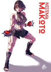 Rule 34 | 1girl, abs, alternate costume, commission, crop top, fighting stance, fishnets, gloves, hairband, halterneck, halterneck, highres, laces, midriff, muscular, muscular female, niijima makoto, open mouth, persona, persona 5, phoebus art, red eyes, short hair, solo, spiked knuckles, sweat, thick thighs, thighs, toeless legwear, toes, watermark
