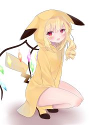Rule 34 | 1girl, bare legs, blonde hair, boots, cosplay, creatures (company), crossover, flandre scarlet, game freak, gen 1 pokemon, highres, hood, hood up, looking at viewer, nintendo, open mouth, pikachu, pikachu (cosplay), pikachu tail, pokemon, pokemon tail, red eyes, squatting, tail, tosakaoil, touhou, wings, yellow footwear