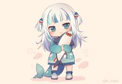 Rule 34 | 1girl, aged down, aruya (flosrota), bloop (gawr gura), blue eyes, blue hair, blue shirt, blue socks, brown background, chibi, closed mouth, commentary request, fins, fish tail, full body, gawr gura, hair ornament, head tilt, hololive, hololive english, long hair, long sleeves, looking at viewer, multicolored hair, hugging object, puffy long sleeves, puffy sleeves, shadow, shark tail, shirt, shoes, sleeves past wrists, socks, solo, standing, streaked hair, stuffed animal, stuffed shark, stuffed toy, tail, twitter username, two side up, virtual youtuber, wavy mouth, white footwear, white hair