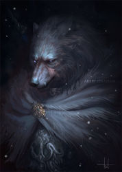 Rule 34 | 1boy, artist name, blaidd the half-wolf, blue eyes, cape, cloak, elden ring, fur cape, fur cloak, furry, furry male, glowing, glowing eyes, highres, looking at viewer, snowing, solo, teradiam, weapon, weapon on back, wolf boy