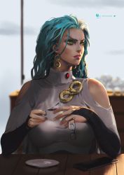 Rule 34 | absurdres, aqua hair, breasts, bridal gauntlets, cellphone, clothing cutout, coffee, cup, earrings, glasses, green eyes, hair slicked back, highres, jewelry, lips, long hair, looking to the side, medium breasts, monster wolf, nose, one-punch man, ouroboros, phone, psychos (one-punch man), serious, shoulder cutout, sitting, smartphone, unworn eyewear, upper body