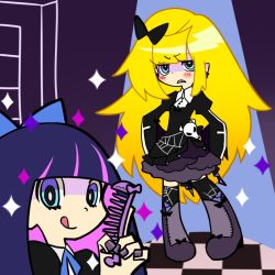 Rule 34 | 2girls, :q, alternate costume, alternate hairstyle, annoyed, bad id, bad pixiv id, blonde hair, blue eyes, blush, bow, comb, cosplay, costume switch, dress, frown, goth fashion, gothic lolita, hair bow, hand on own hip, hip focus, lolita fashion, long hair, makeover, multicolored hair, multiple girls, official style, panty &amp; stocking with garterbelt, panty (psg), pink hair, purple hair, siblings, sisters, smile, sparkle, stocking (psg), suzumiyu, thighhighs, tongue, tongue out, very long hair