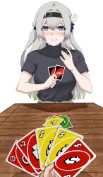 Rule 34 | 1girl, 1other, absurdres, black hairband, black shirt, card, commentary request, firefly (honkai: star rail), grey hair, hairband, highres, holding, holding card, honkai: star rail, honkai (series), kagurachi, pov, purple eyes, shirt, short sleeves, simple background, solo focus, uno (game), white background