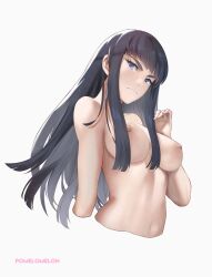 Rule 34 | 1girl, artist name, black hair, blue eyes, blunt bangs, breasts, commentary, completely nude, cropped torso, english commentary, hand up, highres, kill la kill, kiryuuin satsuki, large breasts, light frown, long hair, looking at viewer, navel, nipples, nude, pomelomelon, solo, thick eyebrows, upper body, white background