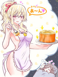 Rule 34 | 2girls, :d, absurdres, alternate hairstyle, animal print, apron, artist name, bare arms, bare shoulders, baumkuchen, bed, bird print, blanket, blonde hair, blush, blush stickers, breasts, brown hair, cake, cake slice, chibi, chibinekopan, cleavage, closed eyes, commentary request, covered erect nipples, cowboy shot, cropped legs, dreaming, food, frilled apron, frills, hair between eyes, hair down, hair ribbon, hand up, heart, high ponytail, highres, holding, holding food, holding plate, long hair, looking at viewer, lying, medium breasts, multiple girls, naked apron, on back, on bed, open mouth, outstretched hand, pillow, pink eyes, plate, ponytail, print apron, purple apron, red ribbon, ribbon, saijou claudine, shoujo kageki revue starlight, sideboob, sidelocks, sleeping, smile, sparkle, speech bubble, spoken heart, standing, tendou maya, thought bubble, translation request, under covers, yuri