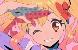 Rule 34 | 1girl, aikatsu! (series), aikatsu stars!, blonde hair, bow, close-up, dot nose, grin, hair bow, halftone, hashtag-only commentary, highres, looking at viewer, medium hair, multicolored hair, nijino yume, one eye closed, orange eyes, pink background, pink hair, purple shirt, red bow, salute, semham, shirt, sidelocks, simple background, smile, solo, tareme, teeth, twintails