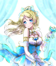 Rule 34 | 1girl, aqua bow, aqua skirt, aqua wrist cuffs, arm garter, artist name, artist request, ayase eli, back bow, bare shoulders, blonde hair, blue curtains, blue eyes, blush, bow, bracelet, breasts, cleavage, cleavage cutout, clothing cutout, collarbone, curtains, diamond (gemstone), dress, earrings, female focus, floating hair, flower, frilled skirt, frills, gloves, hair between eyes, hair bow, heart, heart (symbol), high ponytail, holding, holding wand, jewelry, long hair, looking at viewer, love live!, love live! school idol festival, love live! school idol project, medium breasts, miniskirt, parted lips, pearl bracelet, plaid, plaid dress, plaid skirt, pleated, pleated dress, pleated skirt, ponytail, short hair, skirt, sleeveless, sleeveless dress, smile, solo, wand, white bow, white dress, white gloves, white skirt, wing collar, wrist cuffs
