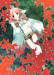 Rule 34 | 1990s (style), 1girl, autumn leaves, cape, devout, final fantasy, final fantasy iii, from above, green eyes, heterochromia, looking at viewer, lying, midriff, navel, on back, pink hair, puffy short sleeves, puffy sleeves, retro artstyle, seer, short hair, short sleeves, shorts, solo, thighhighs, white mage (final fantasy), white thighhighs, yellow eyes, zettai ryouiki