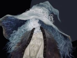 Rule 34 | 1girl, blue eyes, blue hair, blue skin, cloak, closed mouth, colored skin, cracked skin, dress, elden ring, extra arms, fur cloak, hat, highres, jewelry, joints, long hair, looking at viewer, one eye closed, ranni the witch, shirone (coxo ii), solo, wavy hair, witch, witch hat