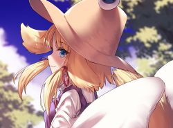 Rule 34 | 1girl, blonde hair, blue eyes, blue sky, blurry, blurry background, breasts, brown headwear, commentary request, day, from side, hair ribbon, ibuki notsu, long sleeves, looking at viewer, medium breasts, moriya suwako, outdoors, profile, purple vest, red ribbon, ribbon, shirt, short hair, sidelocks, sky, smile, solo, touhou, tree, upper body, vest, white shirt, wide sleeves