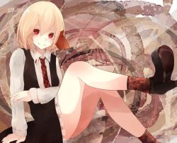 Rule 34 | 1girl, arm support, bad id, bad pixiv id, blonde hair, checkered clothes, checkered necktie, checkered neckwear, frilled skirt, frills, highres, necktie, ogami ren, red eyes, rumia, shirt, short hair, sitting, skirt, smile, touhou, vest