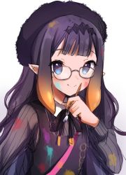 Rule 34 | 1girl, bag, beret, blue eyes, blunt bangs, blush, dress, flat chest, glasses, gradient background, hat, headpiece, highres, hololive, hololive english, long hair, long sleeves, looking at viewer, maru ccy, mole, mole under eye, multicolored hair, ninomae ina&#039;nis, ninomae ina&#039;nis (casual), orange hair, paint on clothes, paint splatter, pointy ears, purple hair, smile, tentacle hair, virtual youtuber, wavy hair