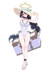 Rule 34 | 1girl, bag, bikini, black bikini, black choker, blue archive, blush, breasts, choker, cleavage, clothing cutout, criss-cross halter, crossed ankles, hair over one eye, halo, halterneck, hat, highres, hinata (blue archive), hinata (swimsuit) (blue archive), holding, holding bag, large breasts, long hair, looking at viewer, one-piece swimsuit, one eye covered, red eyes, sandals, side-tie bikini bottom, side cutout, simple background, smile, solo, string bikini, sun hat, swimsuit, toes, twintails, very long hair, white background, white one-piece swimsuit, yuzumochi4871