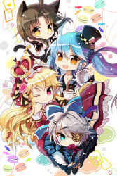 Rule 34 | 4girls, ahoge, alice (alice in wonderland), alice margatroid, animal ears, apron, aqua eyes, black hair, blonde hair, bow, breasts, cat ears, cat tail, chibi, cinia pacifica, cleavage, crown, dress, eyepatch, flower, food, frills, gloves, grey hair, hair ornament, hairclip, hat, iri flina, long hair, luthica preventer, mad hatter (alice in wonderland), multiple girls, one eye closed, open mouth, rednian, rose, short hair, sita vilosa, sword girls, tail, thighhighs, touhou, twintails, yellow eyes