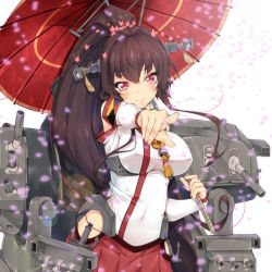 Rule 34 | 10s, 1girl, breasts, brown hair, cherry blossoms, headgear, japanese clothes, kantai collection, large breasts, lens flare, long hair, looking at viewer, machinery, oil-paper umbrella, personification, pointing, ponytail, red eyes, smile, solo, turret, umbrella, yamato (kancolle), yukinon, yukinon (tsuki koubou)