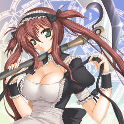 Rule 34 | 00s, 1girl, airi (queen&#039;s blade), airi (queen's blade), airi (the infernal temptress), aokihoshi, breasts, brown hair, cleavage, green eyes, hairband, large breasts, long hair, maid, queen&#039;s blade, scythe, solo, twintails