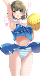 Rule 34 | 1girl, armpits, blue eyes, blush, bow, bow panties, breasts, cheerleader, clothes lift, green eyes, hand up, heart, heterochromia, highres, holding, holding pom poms, idolmaster, idolmaster cinderella girls, looking at viewer, medium breasts, midriff, mole, mole under eye, navel, open mouth, panties, pom pom (cheerleading), pom poms, ponytail korosuke, short hair, skirt, skirt lift, smile, solo, striped clothes, striped panties, sweat, takagaki kaede, thighs, translation request, underwear