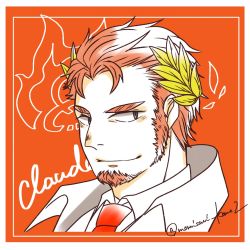 Rule 34 | 1boy, black eyes, blush, border, character name, claude (housamo), commentary, facial hair, goatee, highres, laurel crown, long sideburns, looking to the side, male focus, mature male, momisuri, necktie, portrait, red background, red hair, red necktie, short hair, sideburns, smile, solo, thick eyebrows, tokyo houkago summoners, twitter username, white border