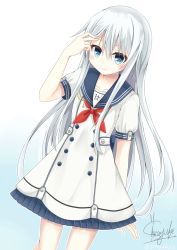 Rule 34 | 10s, 1girl, blue background, blue eyes, blush, dress, dutch angle, hair between eyes, hibiki (kancolle), kantai collection, long hair, looking at viewer, neckerchief, red neckerchief, sailor dress, short dress, short sleeves, signature, silver hair, siroyuki, smile, solo, two-tone background, very long hair, white background, white dress