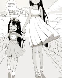 Rule 34 | 2girls, ^ ^, aged up, alternate universe, bare arms, bare shoulders, black hair, child, closed eyes, collarbone, dark-skinned female, dark skin, dress, english text, fang, glasses on head, greyscale, head out of frame, highres, holding hands, ijiranaide nagatoro-san, long hair, monochrome, mother and daughter, multiple girls, nagatoro hayase, nonamoth, open mouth, outdoors, shirt, skin fang, skirt, smile, speech bubble, sundress, t-shirt, text focus, v-shaped eyebrows