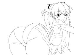 Rule 34 | 1girl, ass, ass focus, bodysuit, breasts, hair ornament, huge ass, long hair, looking at viewer, looking back, medium breasts, monochrome, neon genesis evangelion, painter rei, plugsuit, shiny clothes, skin tight, solo, souryuu asuka langley, two side up, very long hair, wide hips