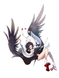 Rule 34 | &gt;:), 1girl, absurdres, alternate costume, black hair, black ribbon, black wings, bridal gauntlets, collared shirt, detached sleeves, falling, feathered wings, full body, geta, hat, highres, holding, holding sword, holding weapon, japanese clothes, kourindou tengu costume, long sleeves, looking at viewer, obi, outstretched arm, pom pom (clothes), red eyes, red hat, red ribbon, ribbon, ribbon-trimmed sleeves, ribbon trim, sash, shade, shameimaru aya, shinebell, shirt, shoe soles, short hair, simple background, smile, socks, solo, sword, tabi, tengu-geta, tokin hat, touhou, unsheathed, v-shaped eyebrows, weapon, white background, white shirt, white socks, wide sleeves, wings
