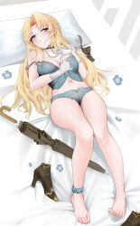 Rule 34 | 1girl, absurdres, azur lane, barefoot, blonde hair, blue bra, blue eyes, blue flower, blue panties, bra, breasts, brown footwear, earrings, flower, gloves, high heels, highres, jewelry, lace, lace-trimmed bra, lace-trimmed panties, lace trim, lingerie, long hair, looking at viewer, lying, medium breasts, navel, no shoes, on back, on bed, panties, parted bangs, parted lips, pillow, pink nails, signature, solo, stomach, sweatdrop, toes, umbrella, underwear, vanguard (azur lane), white gloves, zhemuxuanhua