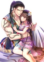 Rule 34 | 1boy, 1girl, arm tattoo, barefoot, bead bracelet, beads, bishounen, black hair, bracelet, copyright request, cover, cover page, crescent, crescent hair ornament, earrings, hair ornament, hand in own hair, highres, hug, izumi (stardustalone), jewelry, long hair, necklace, ponytail, purple eyes, sitting, tattoo, very long hair, yellow eyes