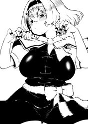 Rule 34 | 1girl, absurdres, alice margatroid, blush, bow, breasts, capelet, closed mouth, dress, hairband, high contrast, highres, himajin noizu, large breasts, lolita hairband, looking at viewer, monochrome, short hair, short sleeves, simple background, solo, touhou