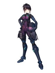 1girl black_eyes black_gloves black_hair bodysuit covered_navel dairoku_ryouhei full_body gloves helmet holding holding_helmet kakizaka_hachishika nobuko_akizuki pouch purple_bodysuit short_hair solo standing unworn_headwear unworn_helmet