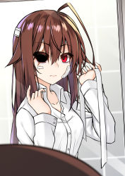 Rule 34 | 1girl, ahoge, bandaged head, bandages, bandaid, bandaid on face, brown hair, commentary, dress shirt, eye socket, eyes visible through hair, frown, hair between eyes, healther, long hair, looking at viewer, mirror, one-eyed, original, red eyes, reflection, scar, scar across eye, scar on face, shirt, solo, upper body, white shirt