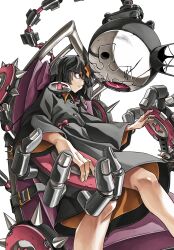 Rule 34 | 1girl, arrow (symbol), bags under eyes, bed, bedman?, black dress, bolt, crack, crown, delilah (guilty gear), dong hole, dress, english text, guilty gear, guilty gear strive, highres, long sleeves, mechanical arms, robot, simple background, white background