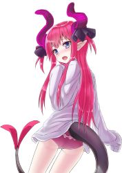 Rule 34 | 1girl, arm up, ass, blue eyes, dress shirt, elizabeth bathory (fate), elizabeth bathory (fate/extra ccc), fate/grand order, fate (series), from behind, highres, horns, jd (bibirijd), long hair, looking back, no pants, open mouth, panties, pink hair, pink panties, pointy ears, ribbon, shirt, simple background, sleeves past wrists, smile, solo, tail, two side up, underwear, very long hair, white background, white shirt