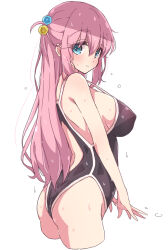 Rule 34 | 1girl, ahoge, aqua eyes, arched back, black one-piece swimsuit, blush, bocchi the rock!, breasts, closed mouth, commentary request, competition swimsuit, covered erect nipples, cube hair ornament, gotoh hitori, hair between eyes, hair ornament, highres, large breasts, long hair, looking at viewer, looking to the side, mel (melty pot), one-piece swimsuit, pink hair, simple background, solo, standing, swimsuit, white background