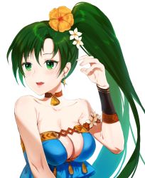 Rule 34 | 1girl, bare shoulders, breasts, cleavage, earrings, female focus, fire emblem, fire emblem: the blazing blade, fire emblem heroes, flower, green eyes, green hair, hair flower, hair ornament, highres, jewelry, jurge, long hair, lyn (fire emblem), lyn (summer) (fire emblem), matching hair/eyes, medium breasts, nintendo, open mouth, ponytail, simple background, solo, upper body, white background