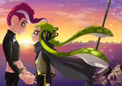 Rule 34 | 1boy, 1girl, agent 3 (splatoon), agent 8 (splatoon), asymmetrical sleeves, bike shorts, black cape, black pants, black shirt, black shorts, blunt bangs, bracelet, cape, cityscape, closed mouth, cloud, cloudy sky, commentary, dated, gradient sky, green hair, grey eyes, headgear, hetero, holding hands, horizon, inkling, inkling girl, inkling player character, jewelry, long hair, long sleeves, looking at another, midriff, mohawk, multicolored sky, nintendo, ocean, octoling, octoling boy, octoling player character, orange eyes, orange sky, pants, purple sky, red hair, shirt, short hair, shorts, single vertical stripe, sky, splatoon (series), splatoon 1, splatoon 2, splatoon 2: octo expansion, squidbeak splatoon, standing, statue, suction cups, sunset, tentacle hair, torn cape, torn clothes, uneven sleeves, vest, wind, yellow vest, yeneny, zipper