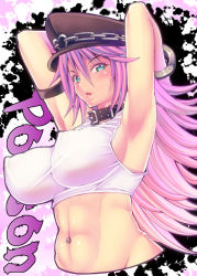 Rule 34 | 1girl, abs, armpits, arms up, big hair, blush, breasts, capcom, character name, covered erect nipples, cuffs, female focus, final fight, green eyes, handcuffs, hat, highres, impossible clothes, large breasts, light smile, long hair, looking at viewer, midriff, navel, navel piercing, parted lips, piercing, pink hair, poison (final fight), red-rum, sideboob, solo, street fighter, tank top