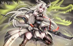 Rule 34 | 1girl, arknights, black thighhighs, breasts, grey hair, highres, holding, horns, large breasts, long hair, looking at viewer, matoimaru (arknights), monster girl, open mouth, pointy ears, rayfox20, red eyes, solo, thighhighs, very long hair, weapon