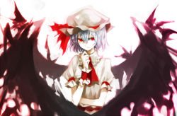 Rule 34 | 1girl, bad id, bad pixiv id, blue hair, female focus, hat, red eyes, remilia scarlet, shion (mamuring), shionty, short hair, smile, solo, touhou, wings